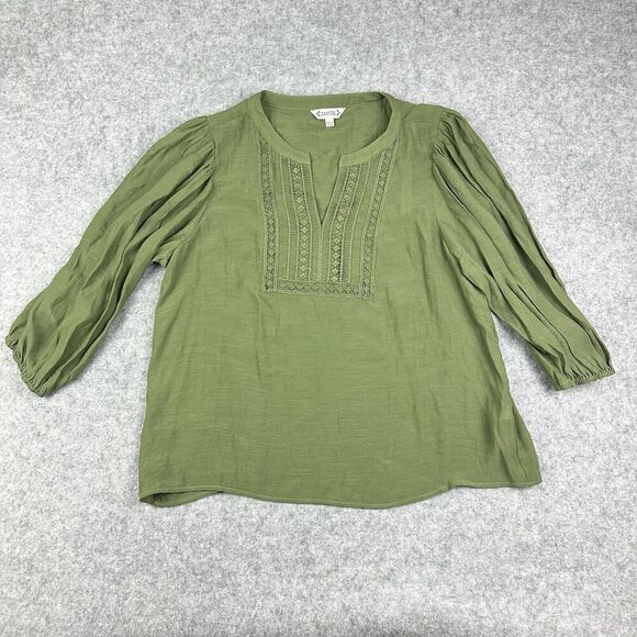 Nanette Lepore Top Womens Large Green Peasant Flowy Pullover Blouse Notch Neck - Picture 1 of 10